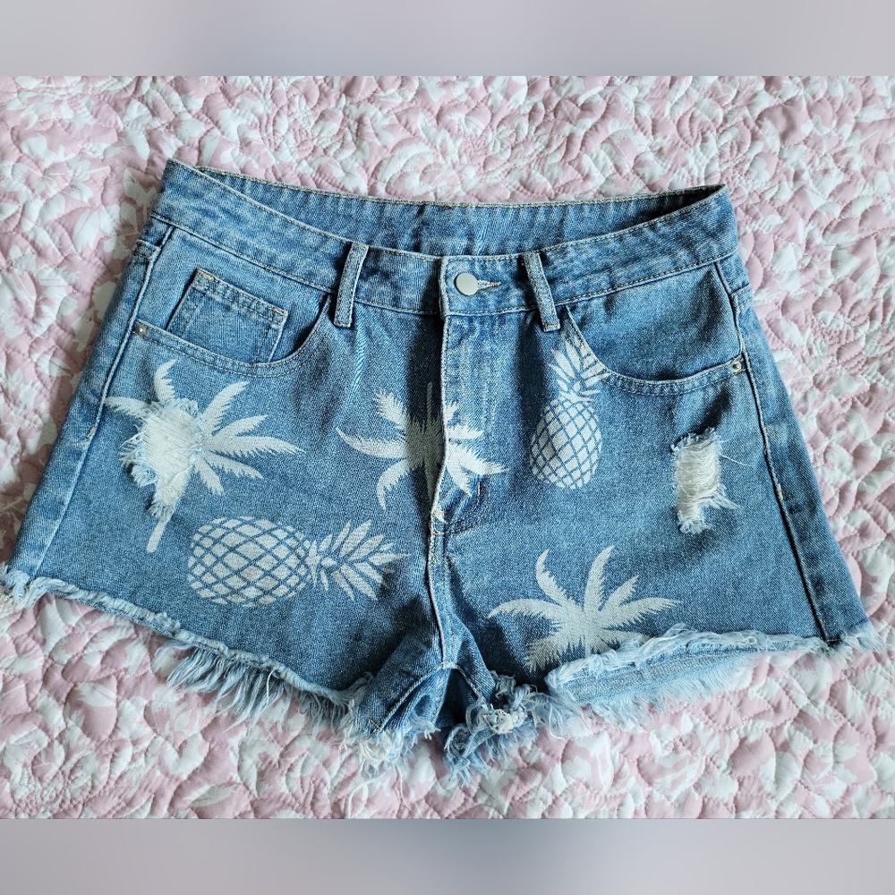 Blue Denim Pineapple Print Women Shorts